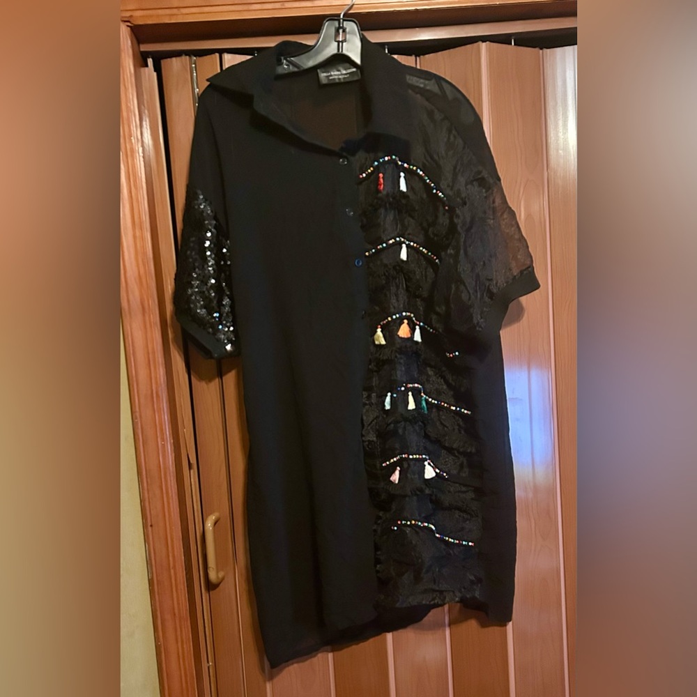 Stella Marina Collezione BLACK blouse multi color tassels sequin shoulder NWOT